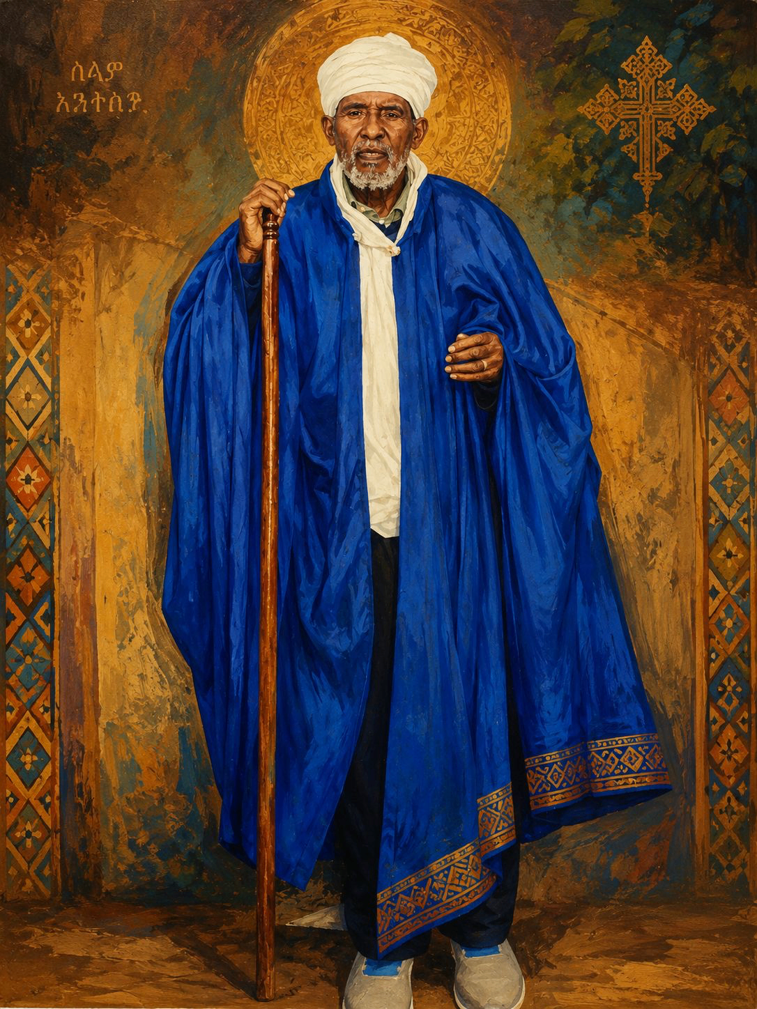 Portrait of Kegn Geta Aba Mezmur Hawaz in a blue cloak